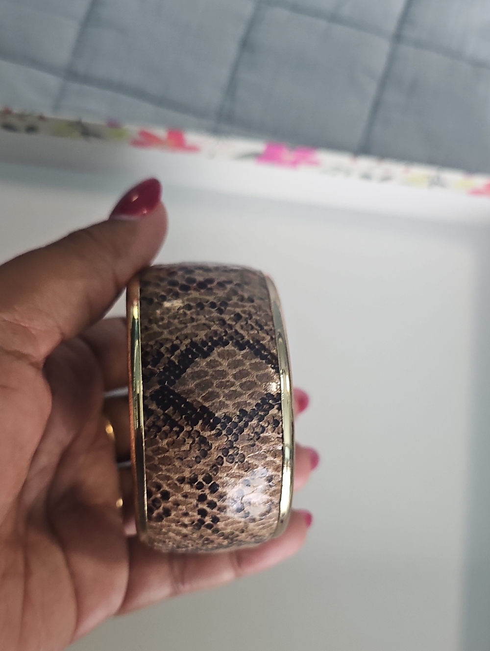 Stylish Brown Snake-Print Reptile Bracelet with Gold Trim